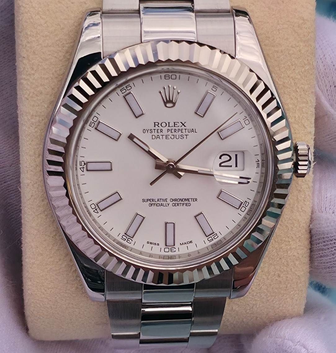 Rolex Datejust II 116334 41mm White Stick Dial 18K White Gold Fluted Bezel