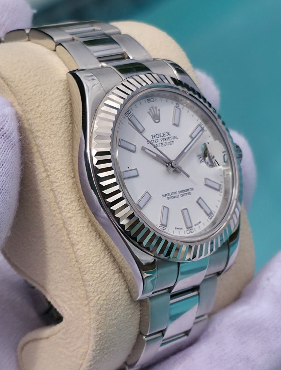 Rolex Datejust II 116334 41mm White Stick Dial 18K White Gold Fluted Bezel