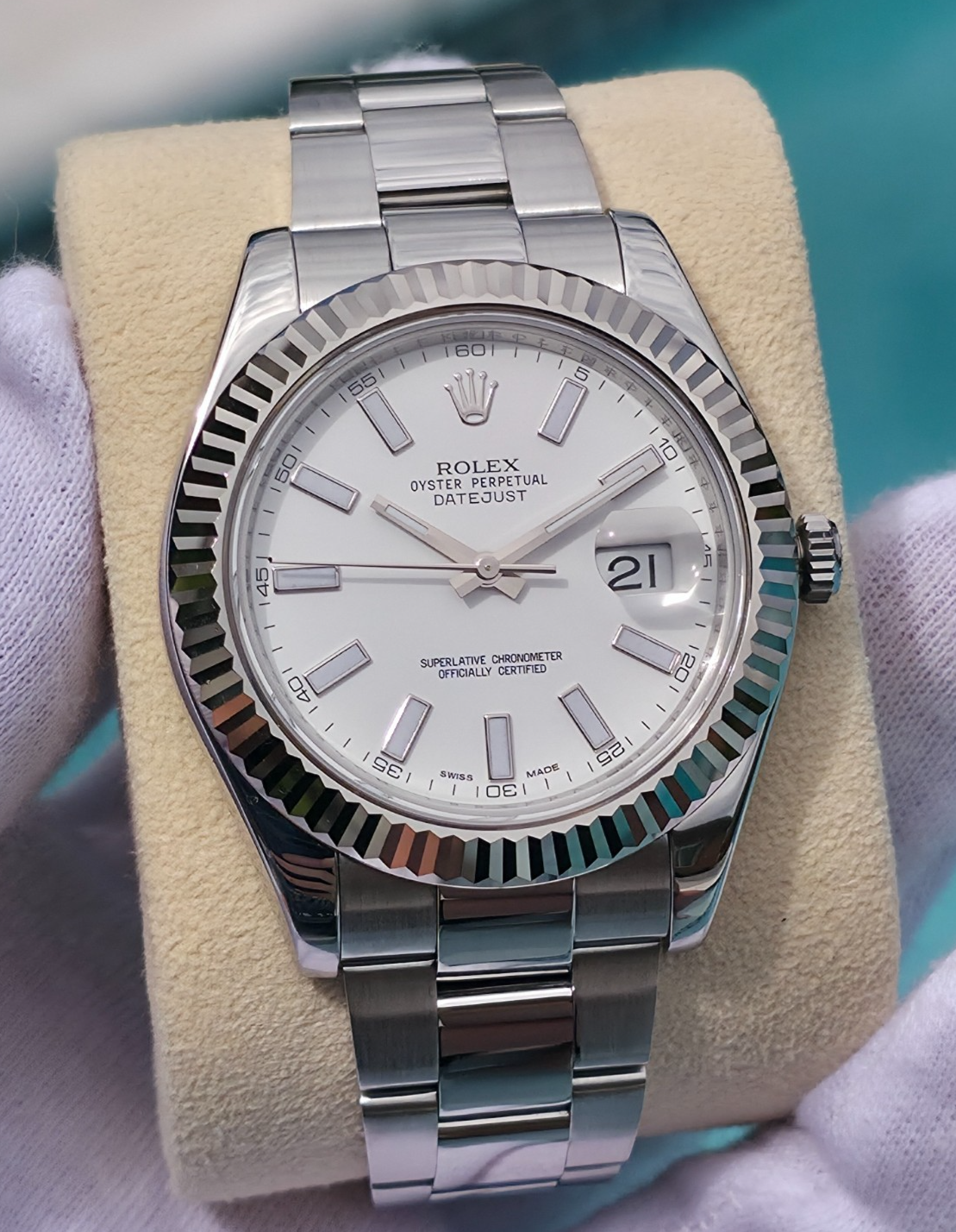 Rolex Datejust II 116334 41mm White Stick Dial 18K White Gold Fluted Bezel