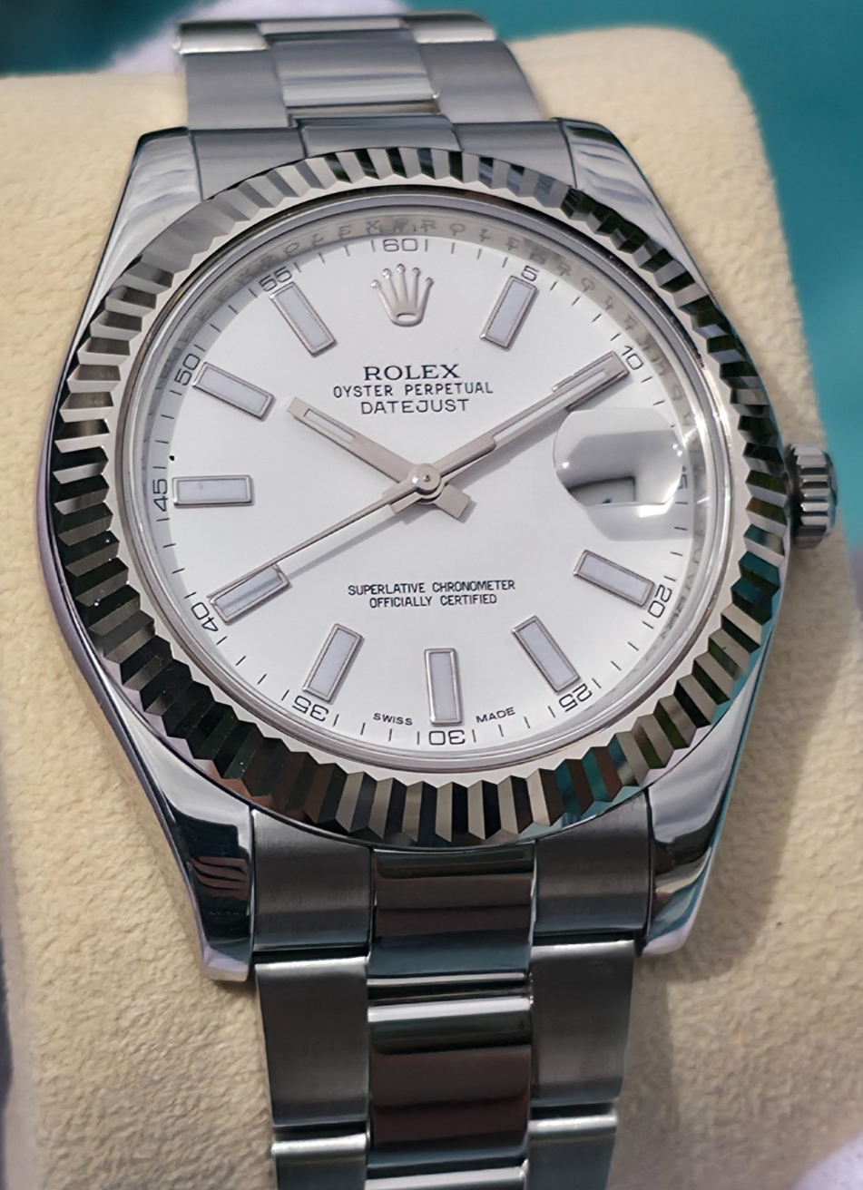 Rolex Datejust II 116334 41mm White Stick Dial 18K White Gold Fluted Bezel