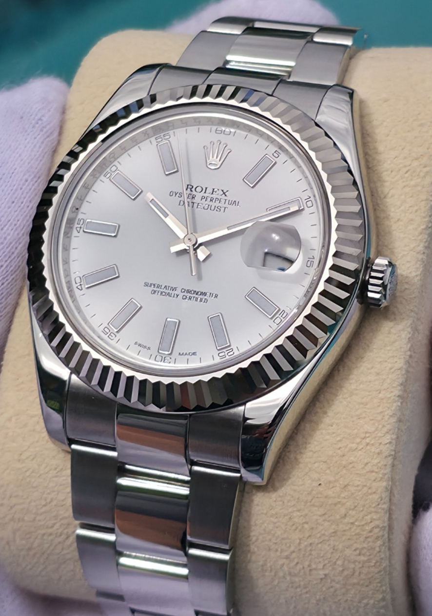 Rolex Datejust II 116334 41mm White Stick Dial 18K White Gold Fluted Bezel