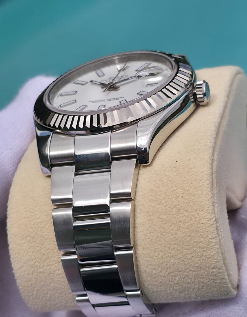 Rolex Datejust II 116334 41mm White Stick Dial 18K White Gold Fluted Bezel