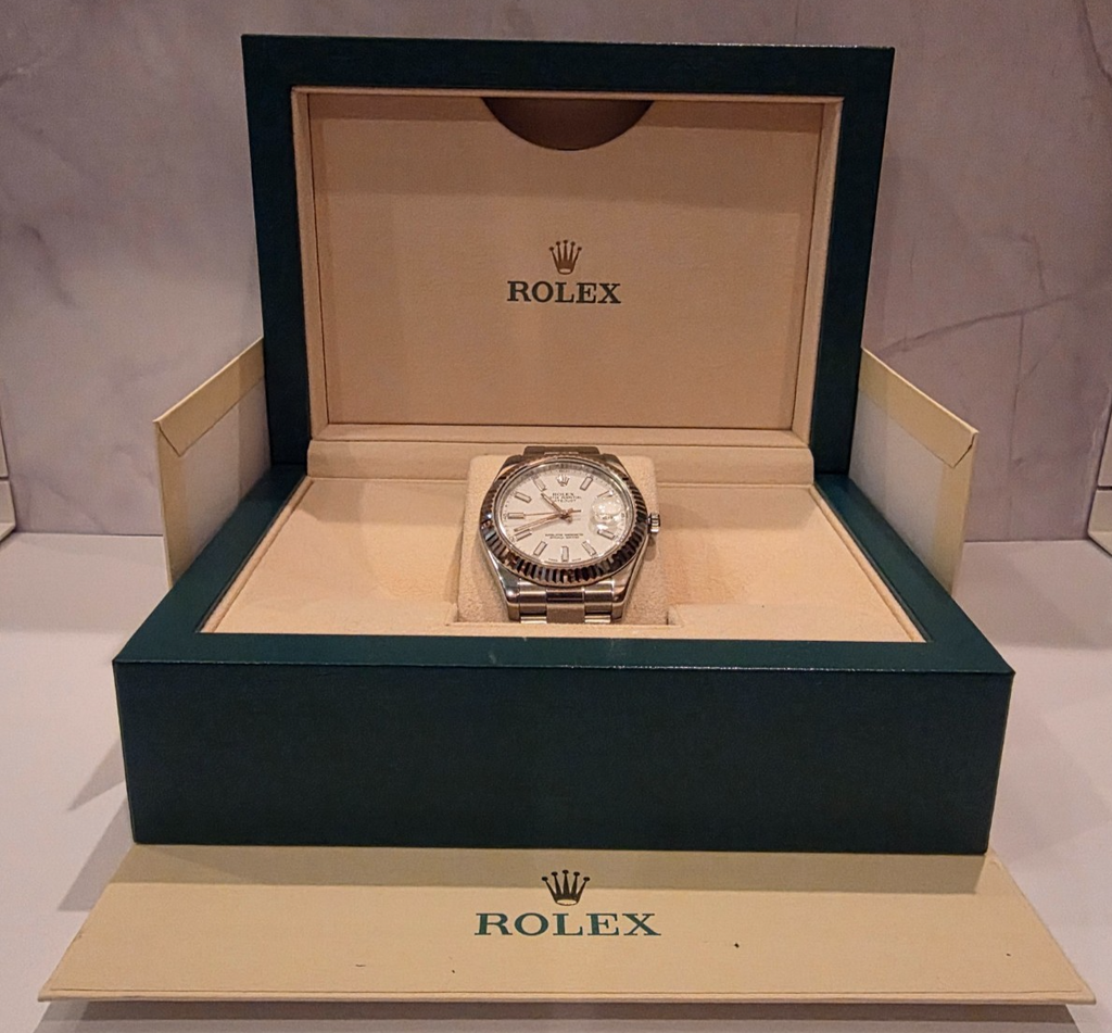 Rolex Datejust II 116334 41mm White Stick Dial 18K White Gold Fluted Bezel