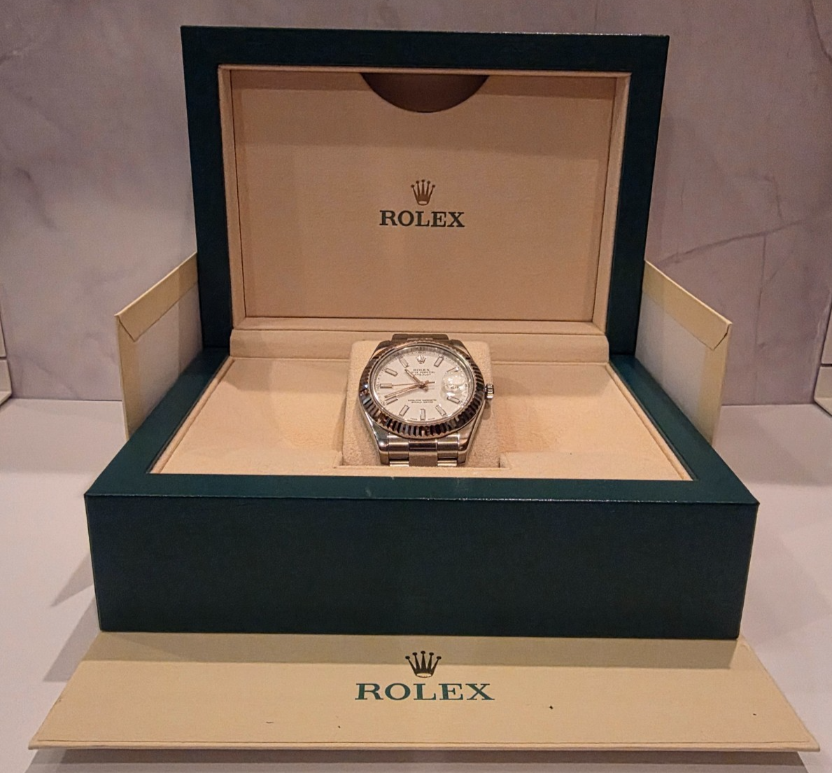 Rolex Datejust II 116334 41mm White Stick Dial 18K White Gold Fluted Bezel