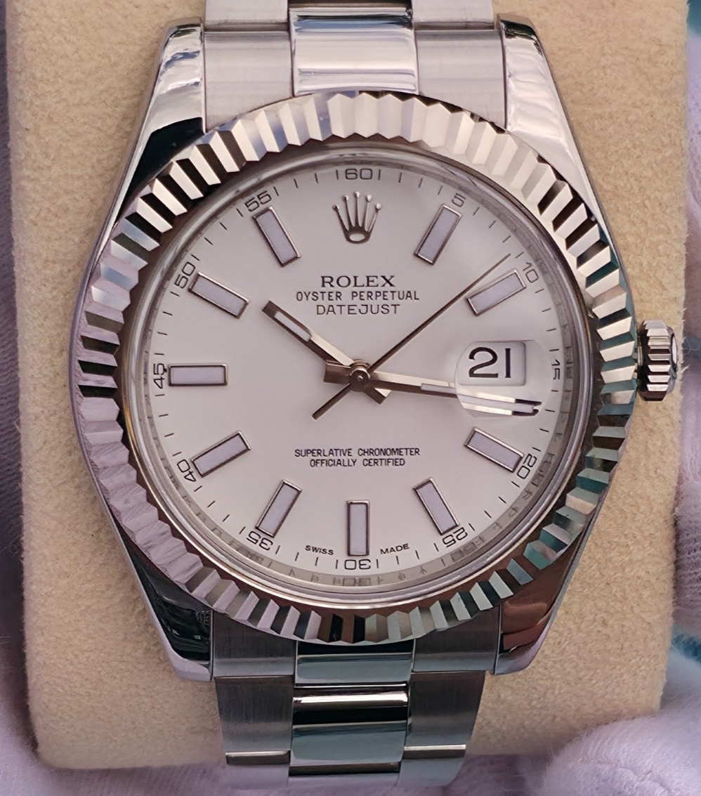 Rolex Datejust II 116334 41mm White Stick Dial 18K White Gold Fluted Bezel
