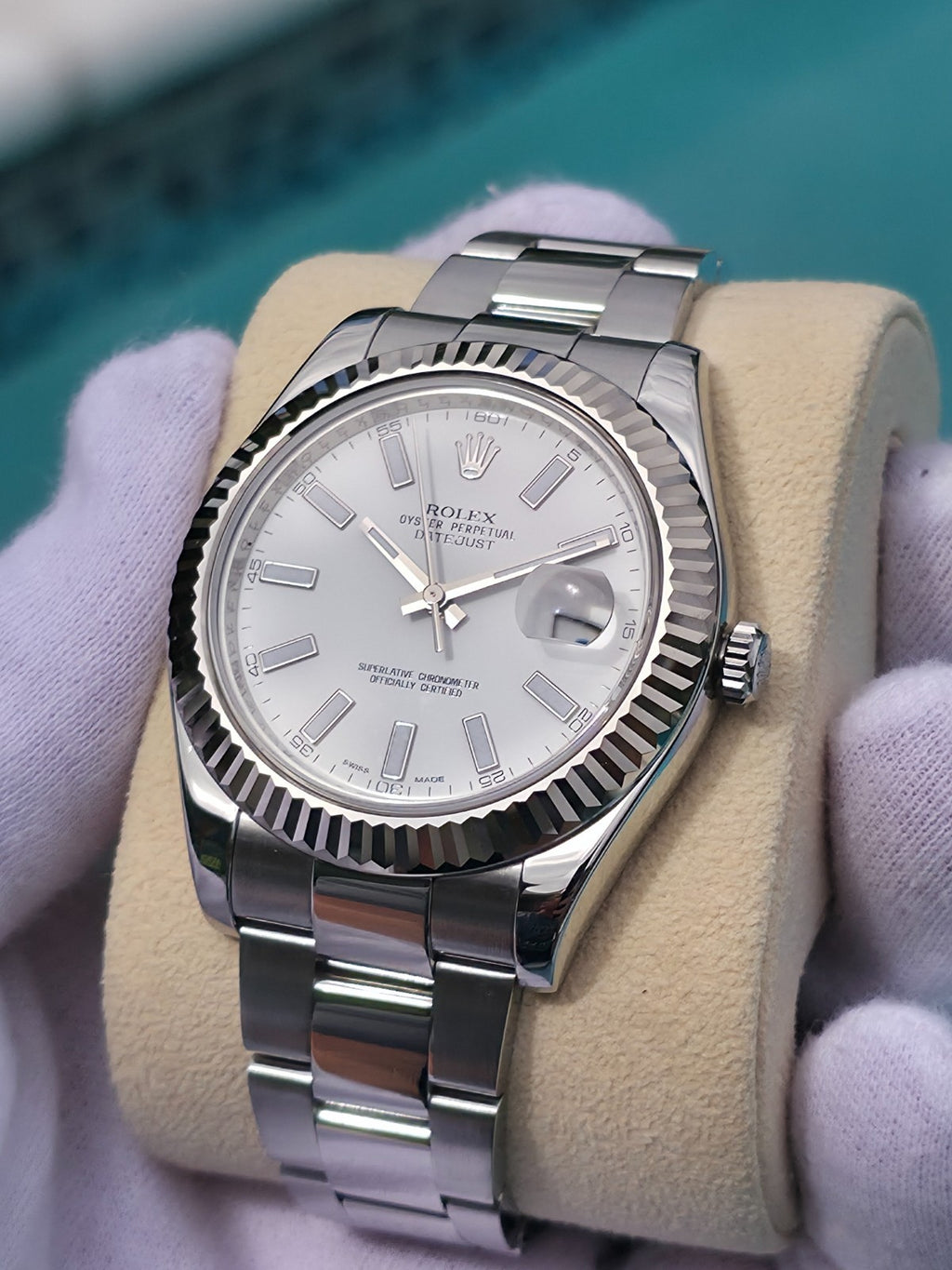 Rolex Datejust II 116334 41mm White Stick Dial 18K White Gold Fluted Bezel