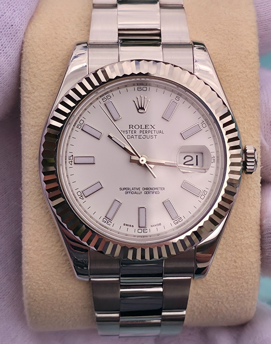 Rolex Datejust II 116334 41mm White Stick Dial 18K White Gold Fluted Bezel