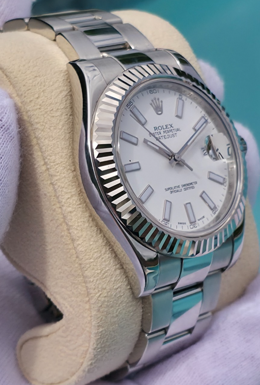 Rolex Datejust II 116334 41mm White Stick Dial 18K White Gold Fluted Bezel