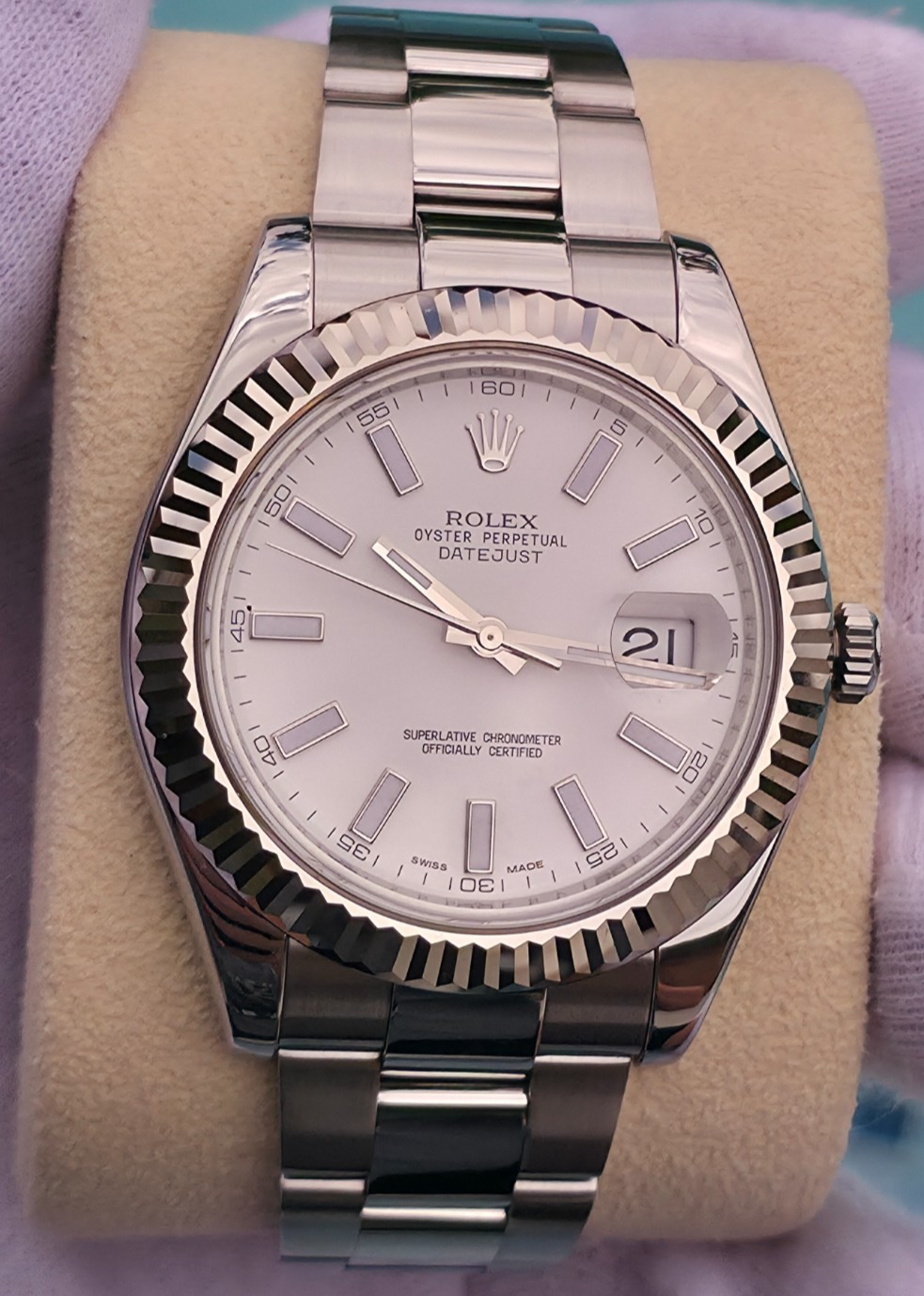 Rolex Datejust II 116334 41mm White Stick Dial 18K White Gold Fluted Bezel