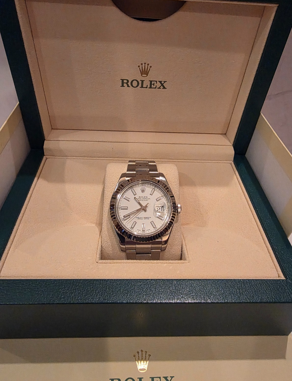 Rolex Datejust II 116334 41mm White Stick Dial 18K White Gold Fluted Bezel